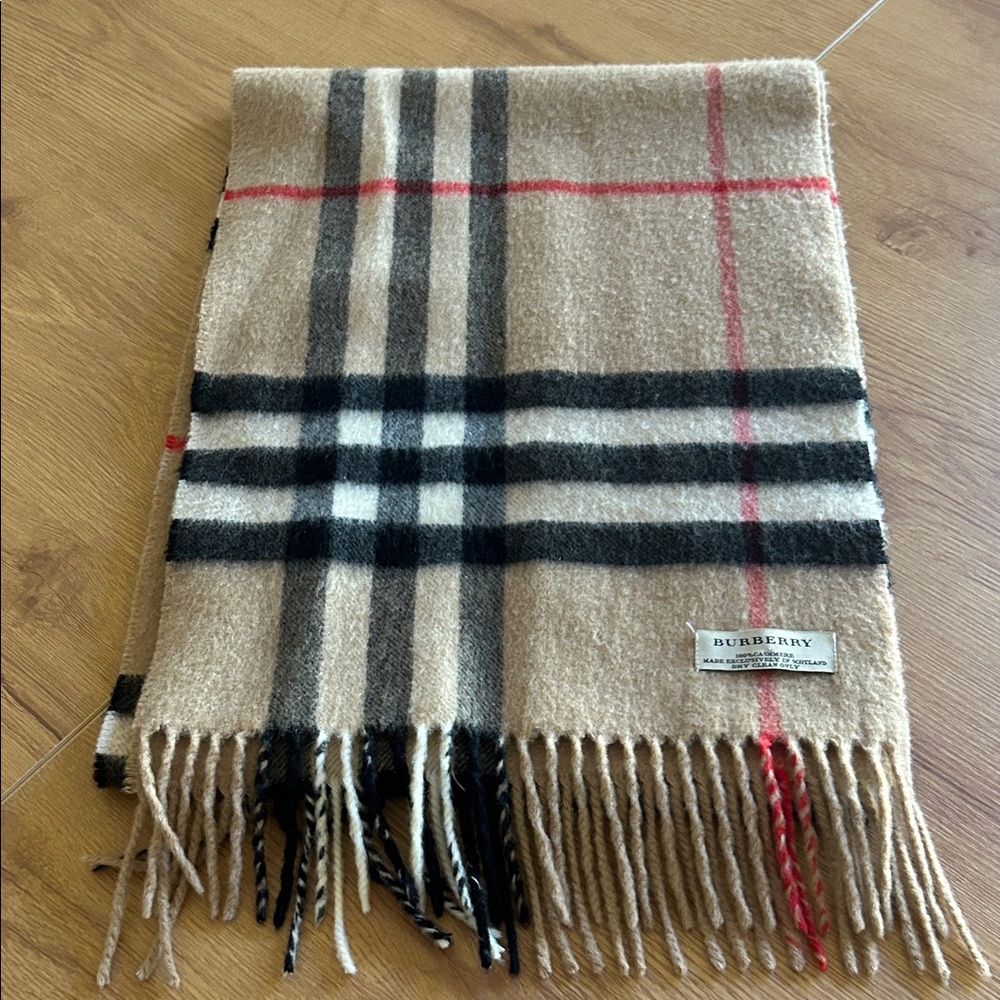 Burberry Beige Cashmere Scarf with Red and Black Stripe